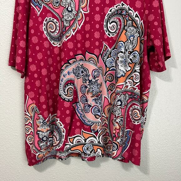 Chicos Paisley Twist Tee Women Size 3 XL Pink Berry Scoop Neck Stretchy - Picture 4 of 9